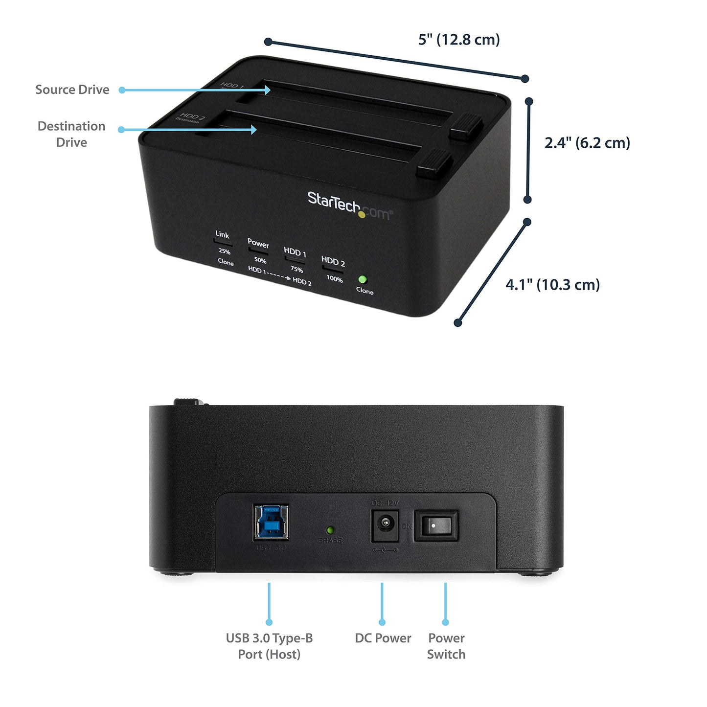 StarTech.com Dual Bay USB 3.0 Duplicator and Eraser Dock for 2.5" & 3.5" SATA SSD HDD - 1:1 Standalone Cloner & Wiper Docking Station (SATDOCK2REU3)
