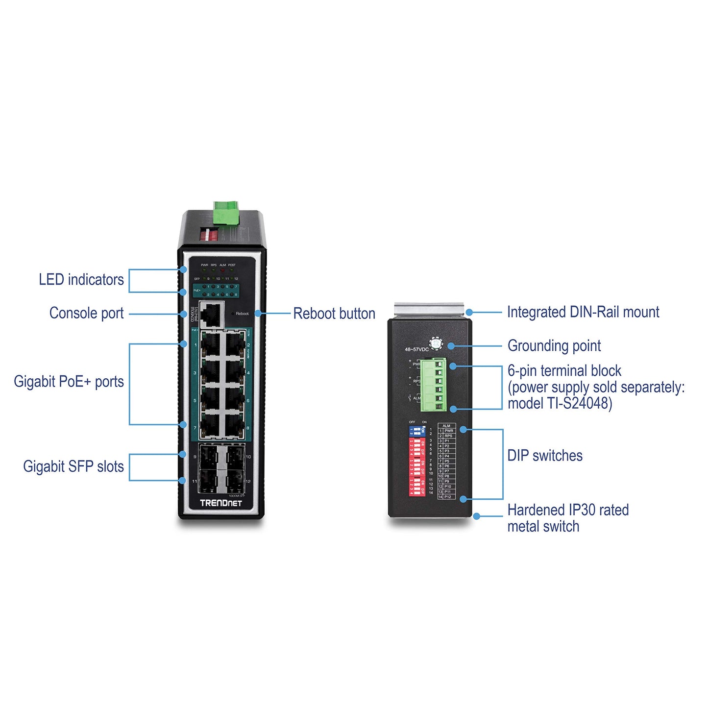 TRENDnet 12-Port Hardened Industrial Gigabit PoE+ Layer 2+ Managed DIN-Rail Switch, TI-PG1284i, 240 W Power Budget, Hardened IP30 Network Ethernet Gigabit PoE+ Switch, Lifetime Protection
