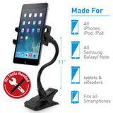 Macally Flexible Gooseneck Tablet Holder, Clamp Mount Stand with Lazy Arm Phone Holder Clip, Black