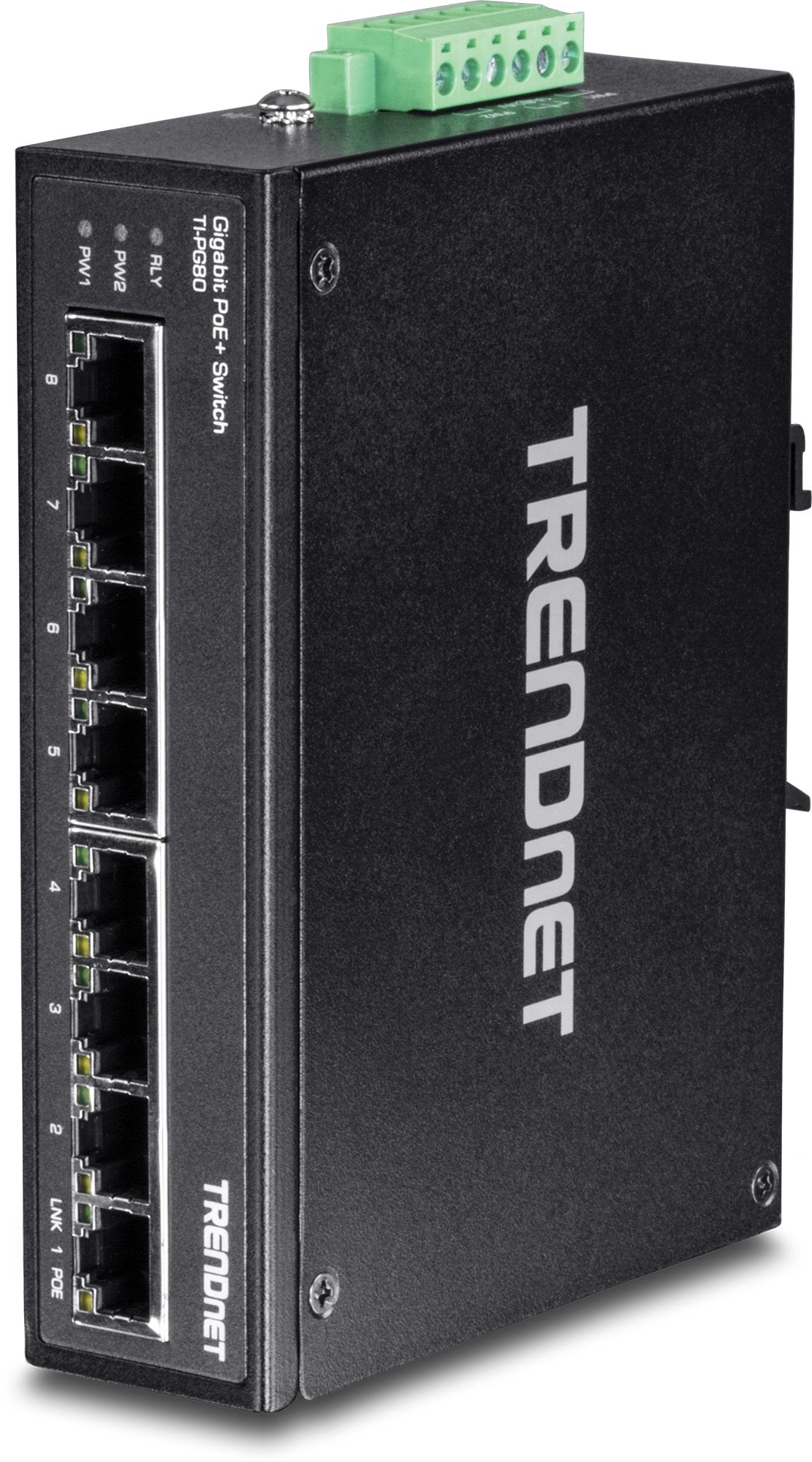 TRENDnet 8-Port Hardened Industrial Unmanaged Gigabit PoE+ DIN-Rail Switch, 200W Full PoE+ Power Budget, 16 Gbps Switching Capacity, Lifetime Protection, TI-PG80