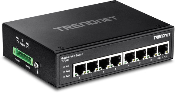 TRENDnet 8-Port Hardened Industrial Unmanaged Gigabit PoE+ DIN-Rail Switch, 200W Full PoE+ Power Budget, 16 Gbps Switching Capacity, Lifetime Protection, TI-PG80