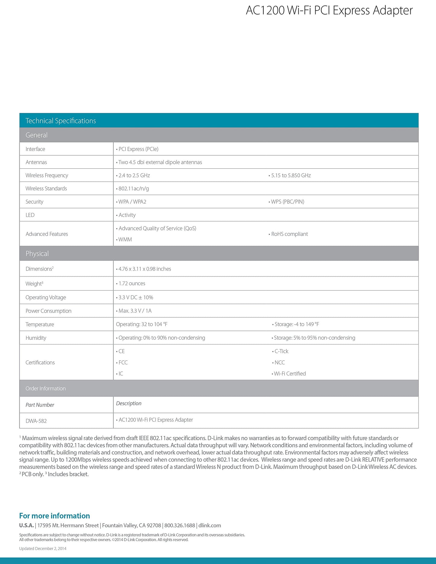 D-Link Systems AC1200 Wi-Fi PCI Express Adapter (DWA-582)