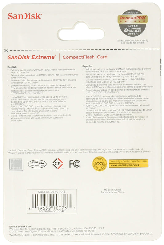 Sandisk Extreme CompactFlash Memory Card - 64 GB (SDCFXS-064G-A46)