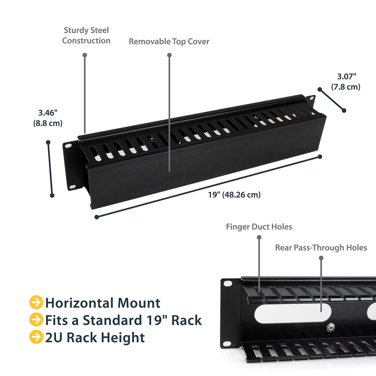 StarTech.com Horizontal 2U Server Rack Cable Management Finger Duct w/Cover - 19" Network Rack Wire Duct Raceway Panel - Slotted Wire Duct (CMDUCT2U)