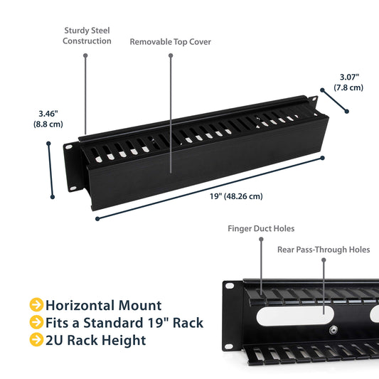 StarTech.com Horizontal 2U Server Rack Cable Management Finger Duct w/Cover - 19" Network Rack Wire Duct Raceway Panel - Slotted Wire Duct (CMDUCT2U)