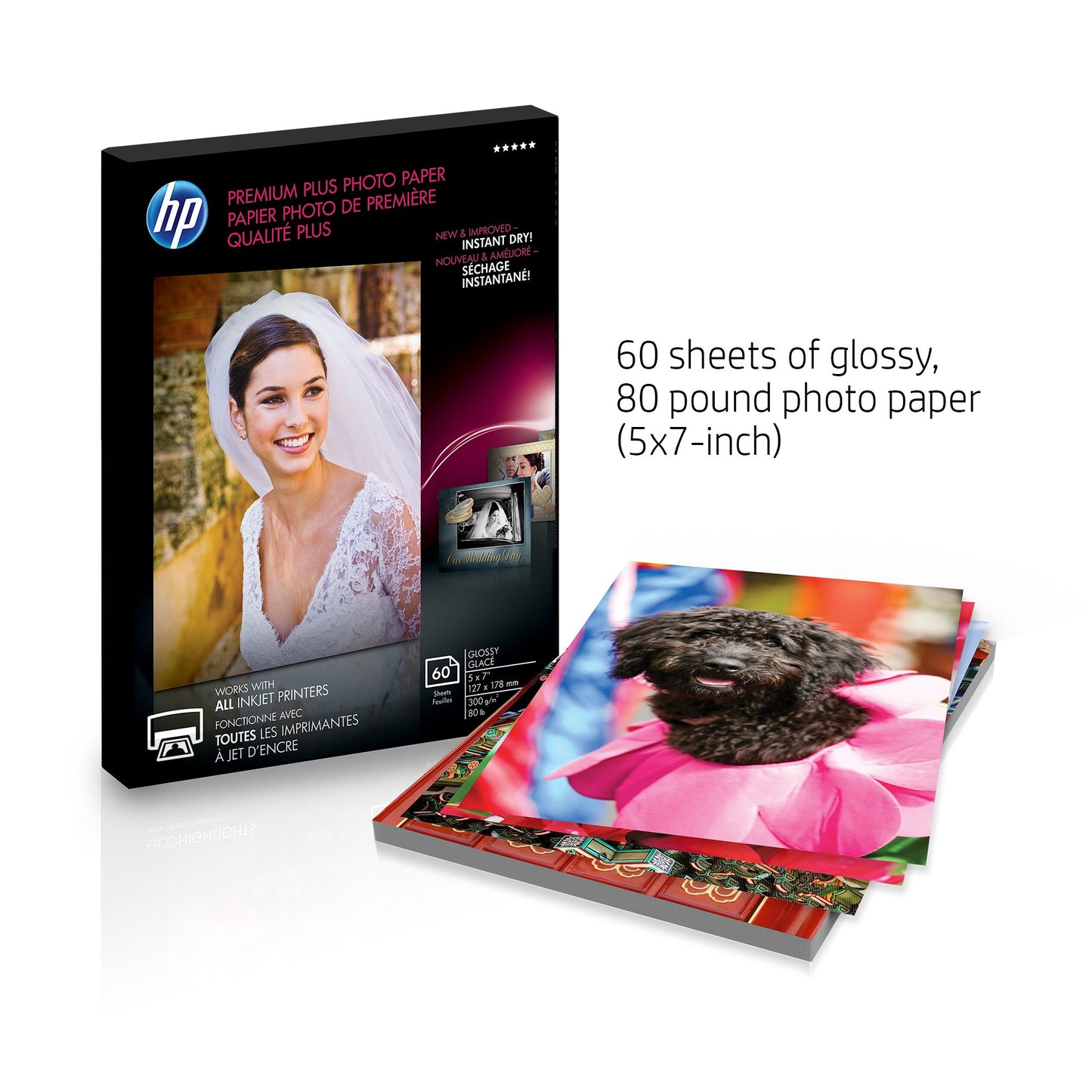 HP Premium Plus Photo Paper -for Inkjet Print -5"x7" -300 g/m -Recycled -Glossy -60/Pack -White