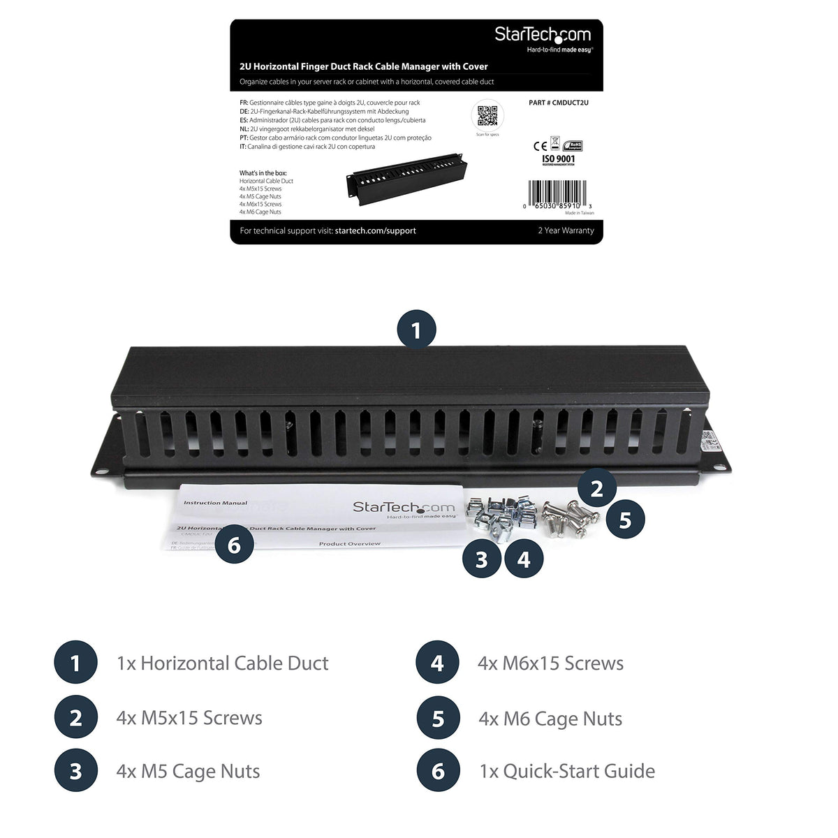 StarTech.com Horizontal 2U Server Rack Cable Management Finger Duct w/Cover - 19" Network Rack Wire Duct Raceway Panel - Slotted Wire Duct (CMDUCT2U)