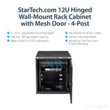 StarTech.com 12U Wall Mount Server Rack Cabinet - 4-Post Adjustable Depth (2.4" to 23.8") Network Equipment Enclosure w/ Cable Management  200lb/90kg (RK1232WALHM)