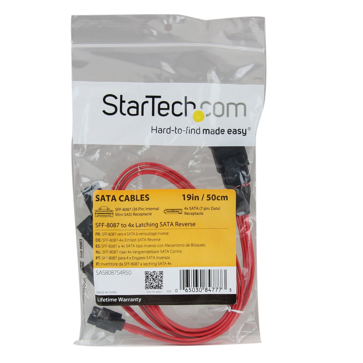 StarTech.com SAS8087S4R50 50cm SFF-8087 to 4X SATA, Internal Mini SAS to SATA Reverse Cable (Red)