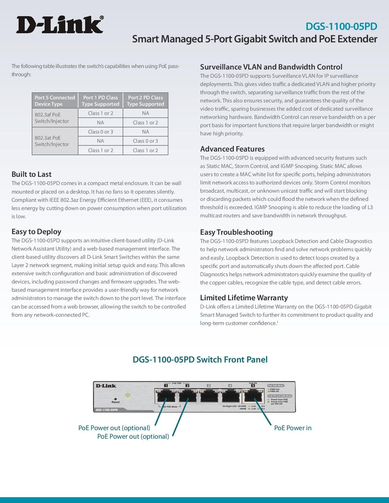 D-Link DGS-1100-05PD Smart Managed 5-Port Gigabit PoE Powered Desktop Switch
