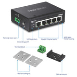 TRENDnet 5-Port Hardened Industrial Gigabit DIN-Rail Switch,TI-G50, 10 Gbps Switching Capacity, IP30 Rated Gigabit Network Switch (-40 to 167 ºF), DIN-Rail & Wall Mounts Included, Lifetime Protection
