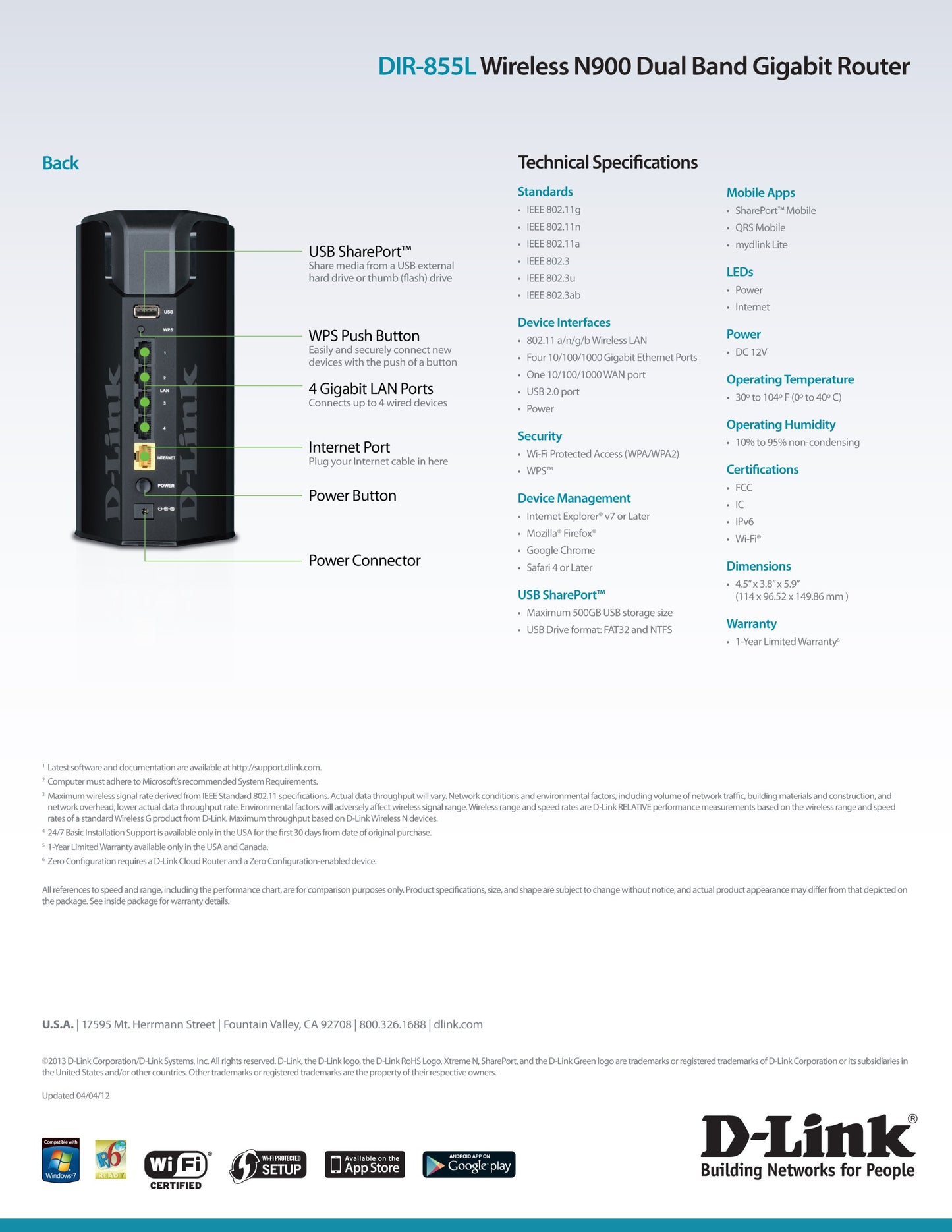D-LINK Wireless N900 Dual Band Gigabit App-Enabled Router w/ SmartBeam (DIR-855L)