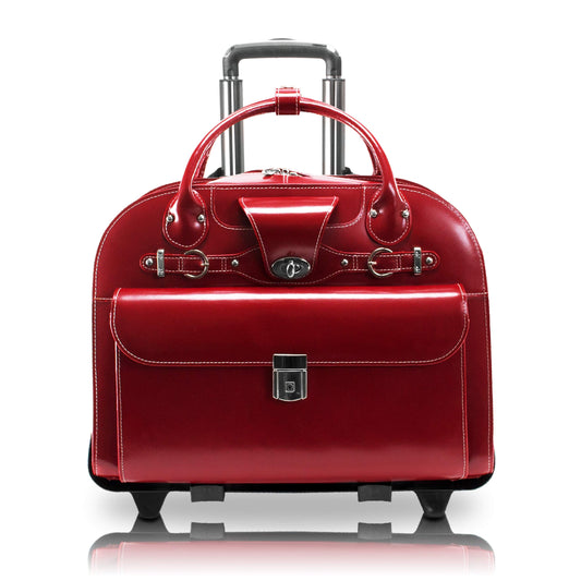 McKlein 96646 USA Roseville 15" Leather Fly-Through Checkpoint-Friendly Patented Detachable -Wheeled Ladies' Laptop Briefcase Red