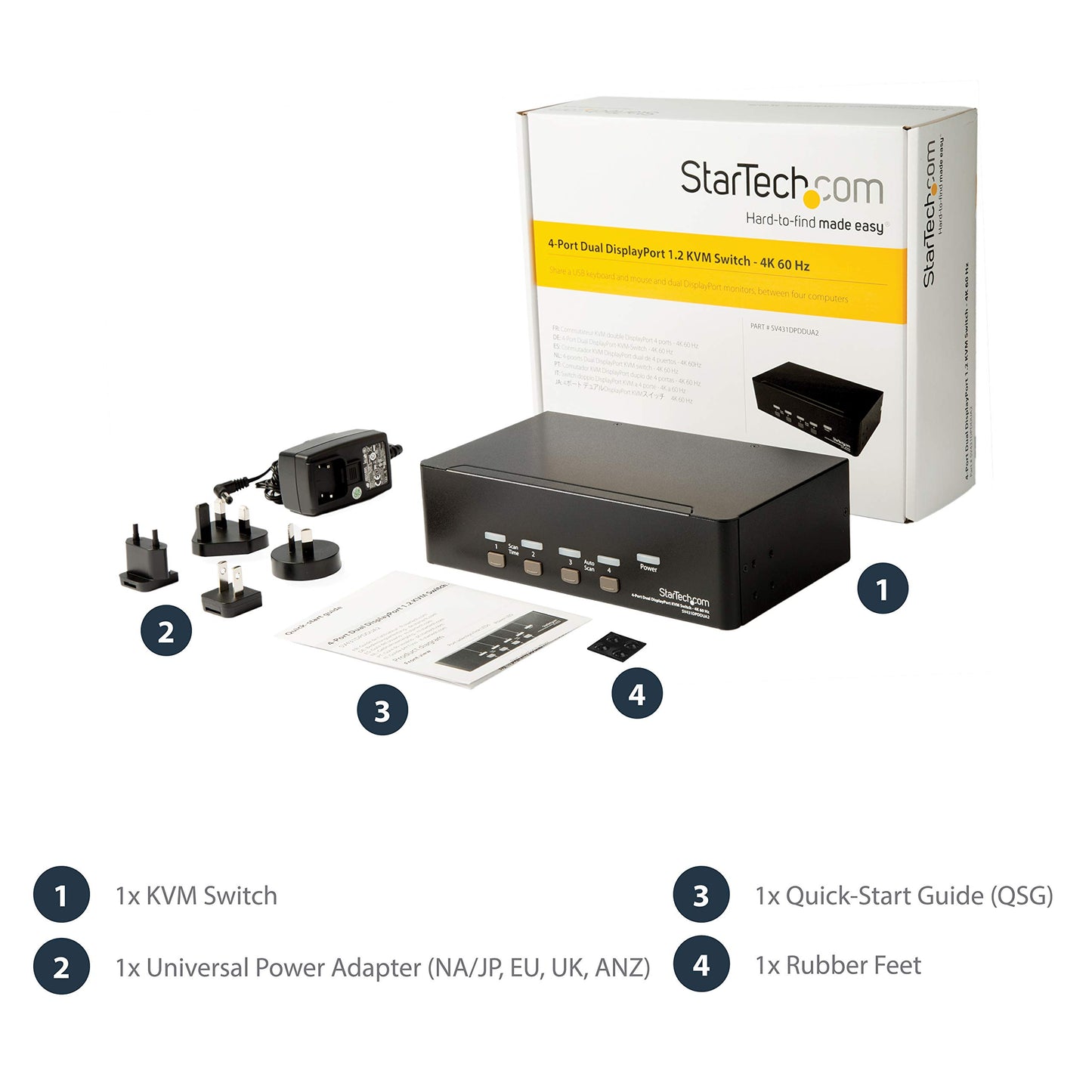StarTech.com SV431DPDDUA2 DisplayPort KVM, 4 Port, 4K 60Hz, Dual Monitor KVM, DisplayPort Switch, Desktop KVM Switch