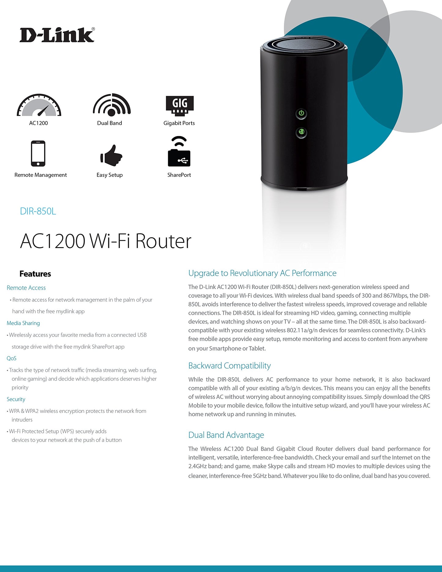 D-LINK Wireless AC1200 Dual Band Gigabit App-Enabled Router (DIR-850L)