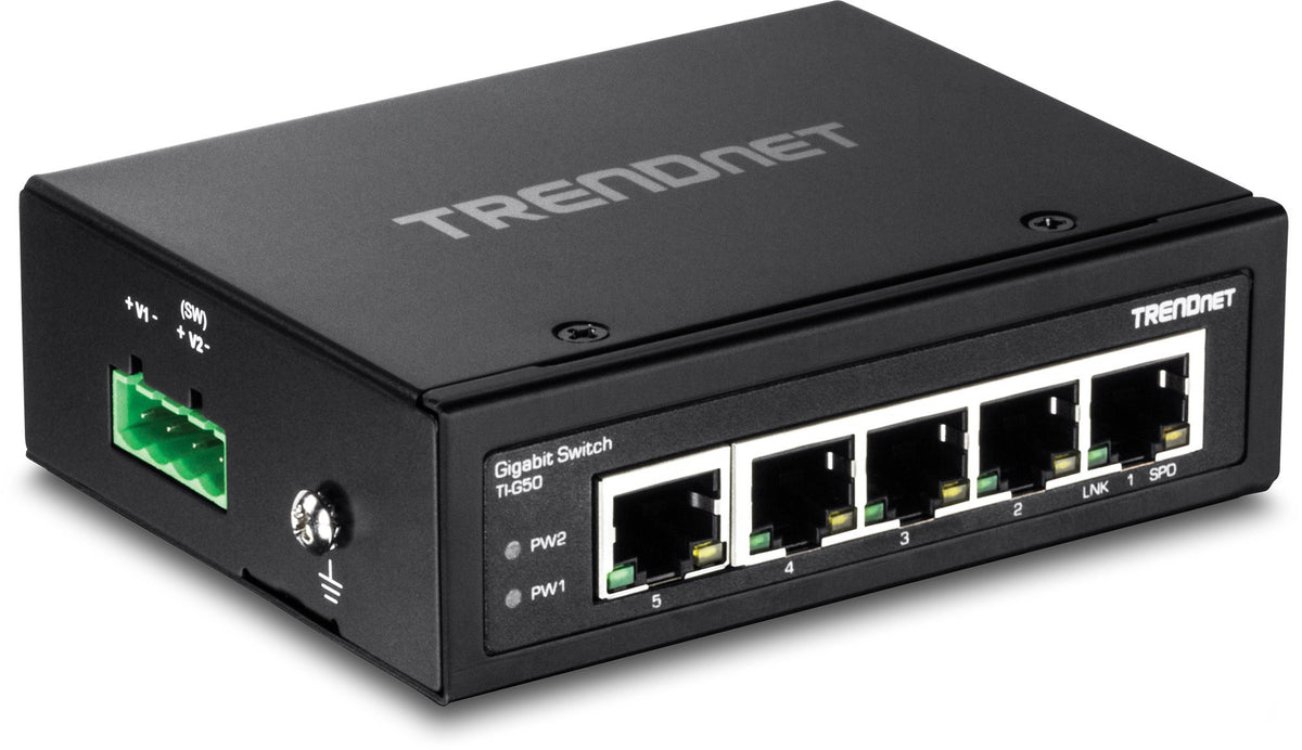 TRENDnet 5-Port Hardened Industrial Gigabit DIN-Rail Switch,TI-G50, 10 Gbps Switching Capacity, IP30 Rated Gigabit Network Switch (-40 to 167 ºF), DIN-Rail & Wall Mounts Included, Lifetime Protection