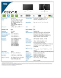 AOC C32V1Q 31.5" Full HD 1920x1080 Monitor, Curved VA Panel, 4ms 75Hz, Frameless, HDMI/DisplayPort/VGA, Flickerfree, Low Blue Mode, VESA