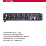 CyberPower PDU81003 Switched Metered-by-Outlet PDU, 30A, 100-120V, 16 Outlets (5-20R), 2U Rack-Mount