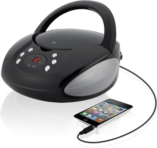 GPX Portable Top-Loading CD Boombox with AM/FM Radio and 3.5mm Line for MP3 Device, Black