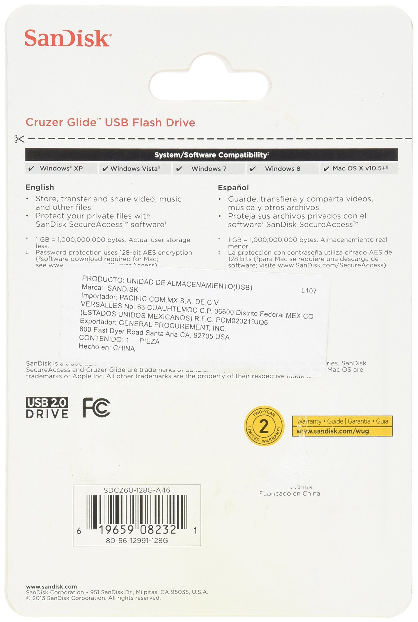 SANDISK SDCZ60-128G-A46 Cruzer Glide USB Flash Drive, 128 GB, Black/Red