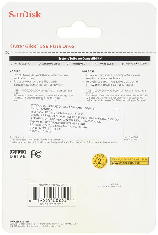SANDISK SDCZ60-128G-A46 Cruzer Glide USB Flash Drive, 128 GB, Black/Red