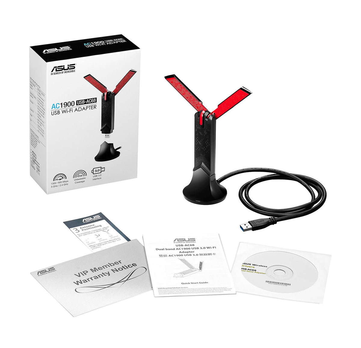 ASUS USB-AC68 AC1900 Dual-Band USB 3.0 WiFi Adapter, Cradle Included
