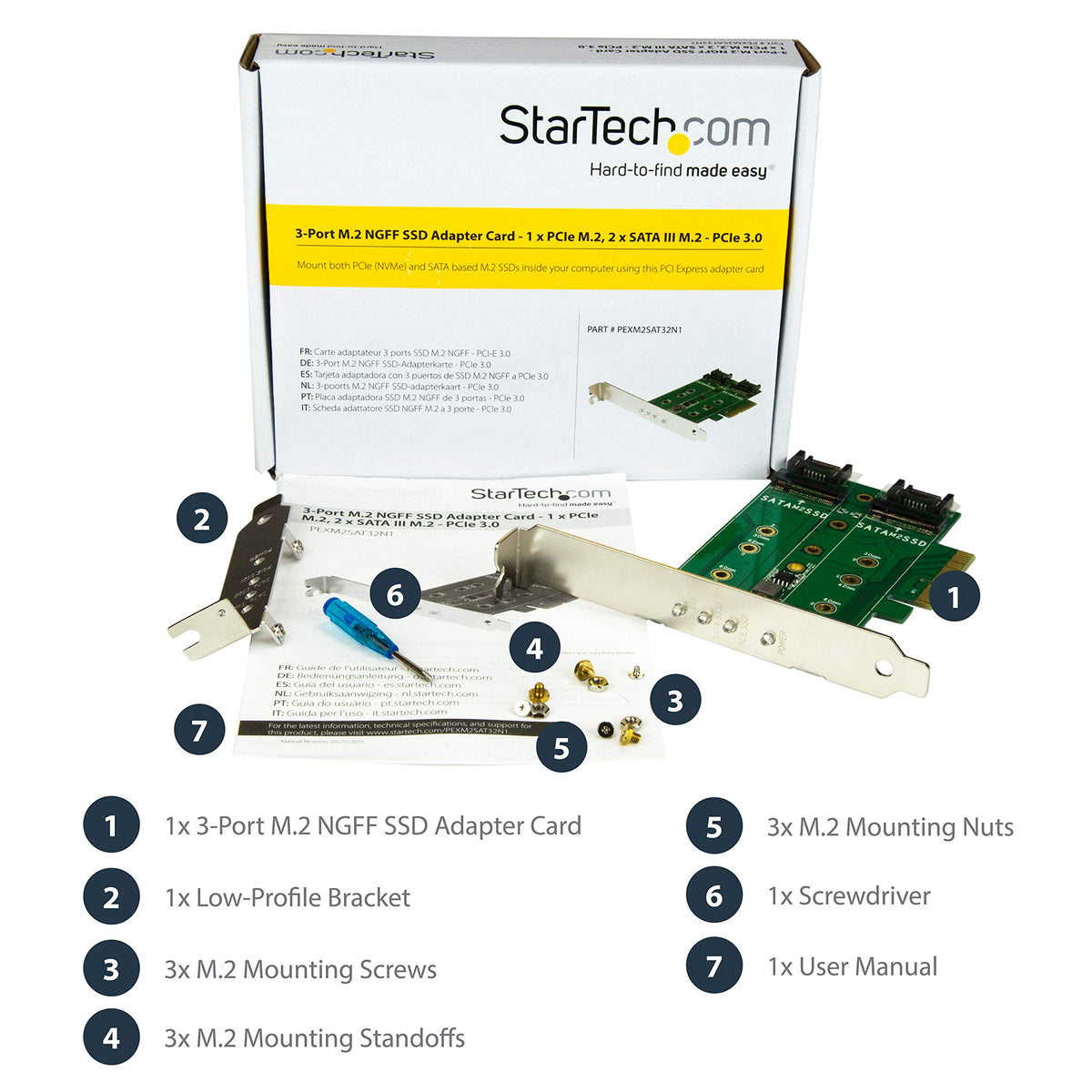 StarTech.com M.2 Adapter - 3 Port - 1 x PCIe (NVMe) M.2 - 2 x SATA III M.2 - SSD PCIE M.2 Adapter - M2 SSD - PCI Express SSD (PEXM2SAT32N1)
