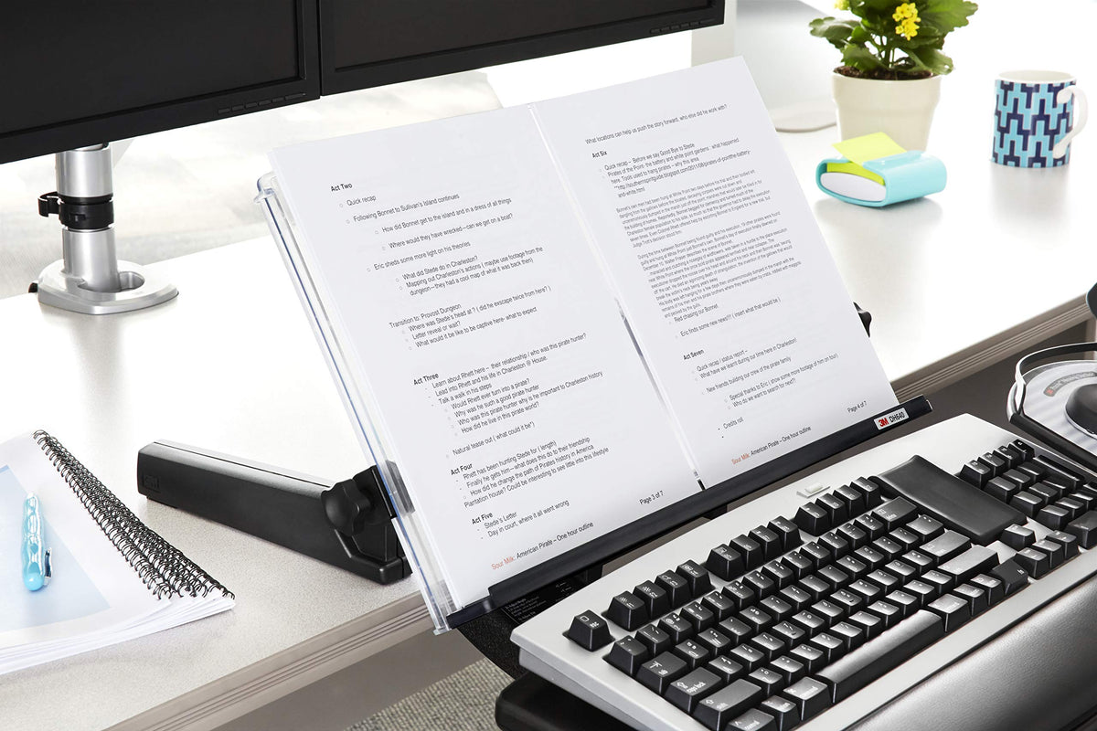 3M Adjustable Document Copy Holder, In-line with Monitor Minimizing Head and Neck Movement, 300 Sheet Capacity Holds Sheets to Books, Elastic Line Guide Keeps Pages Open, 18" Wide, Black (DH640)