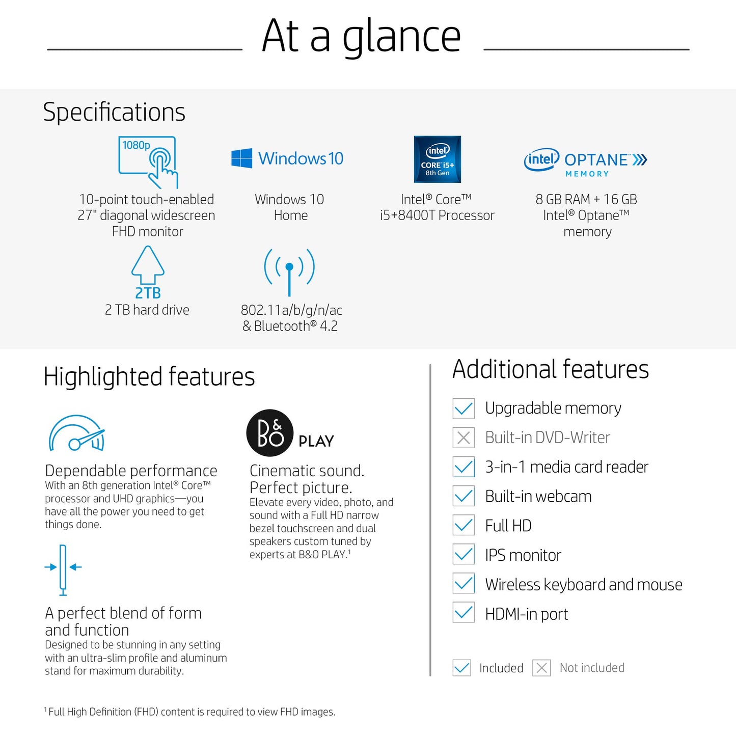 HP Pavilion 27-inch All-in-One Computer, Intel Core i5+8400T, 8 GB RAM and 16 GB Intel Optane Memory, 2 TB Hard Drive, Windows 10 (27-xa0050, Black)