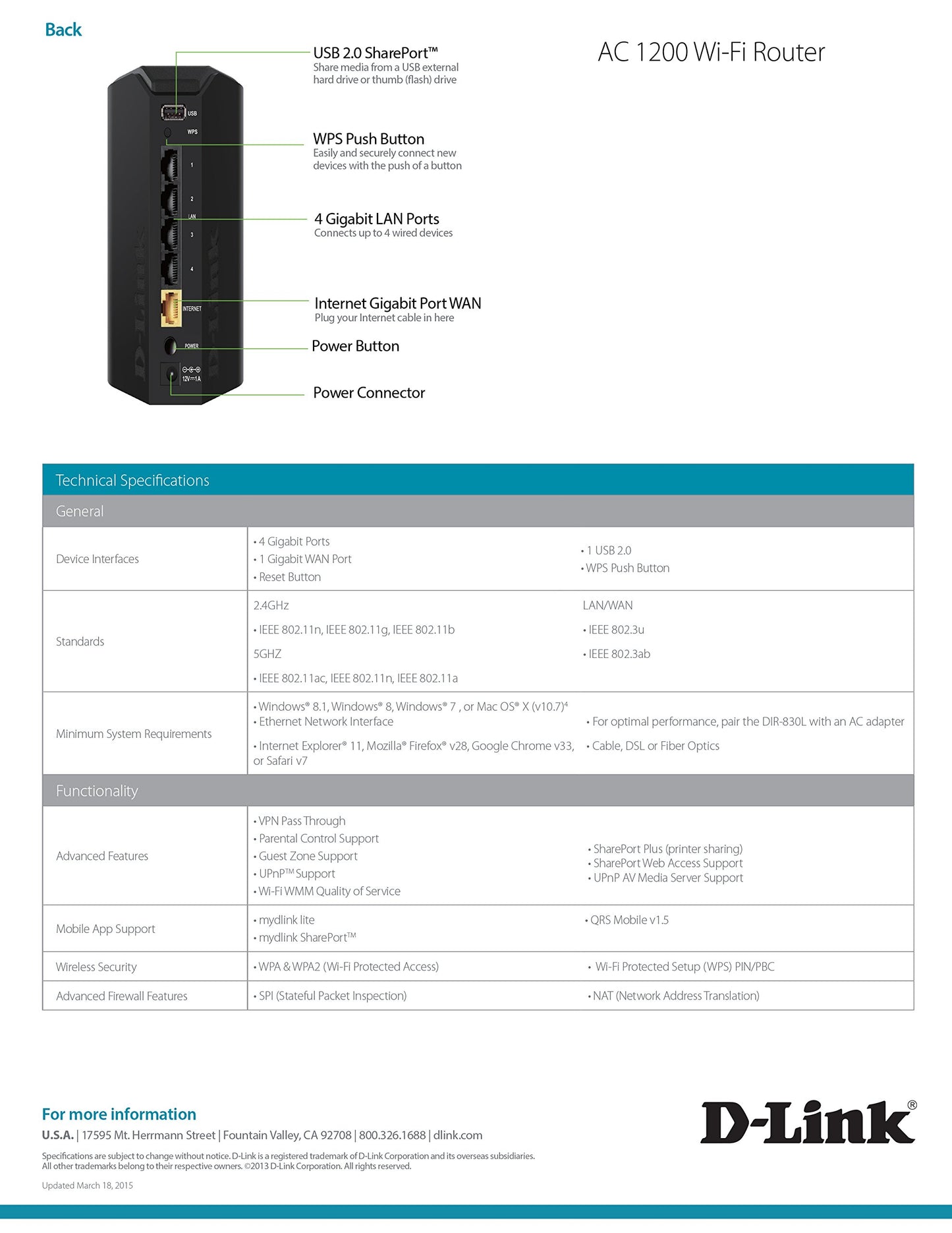 D-LINK Wireless AC1200 Dual Band Gigabit App-Enabled Router (DIR-850L)