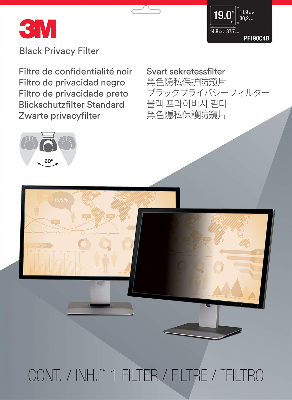 3M Privacy Filter for 19" Diagonal Standard Monitor, Reduces blue light (5:4) (PF190C4B)
