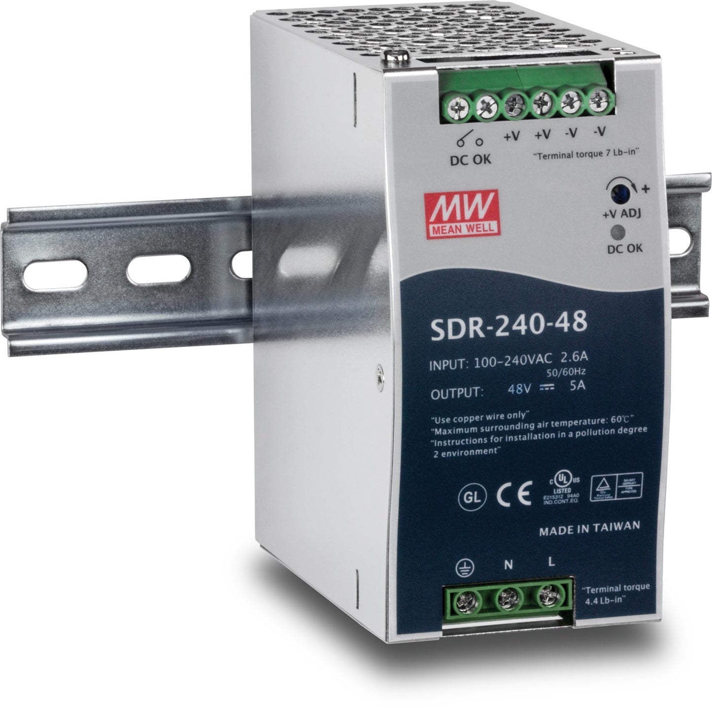 TRENDnet 240 W Single Output Industrial DIN-Rail Power Supply, Extreme -25 to 70 °C (-13 to 158 °F) Operating Temp, TI-S24048
