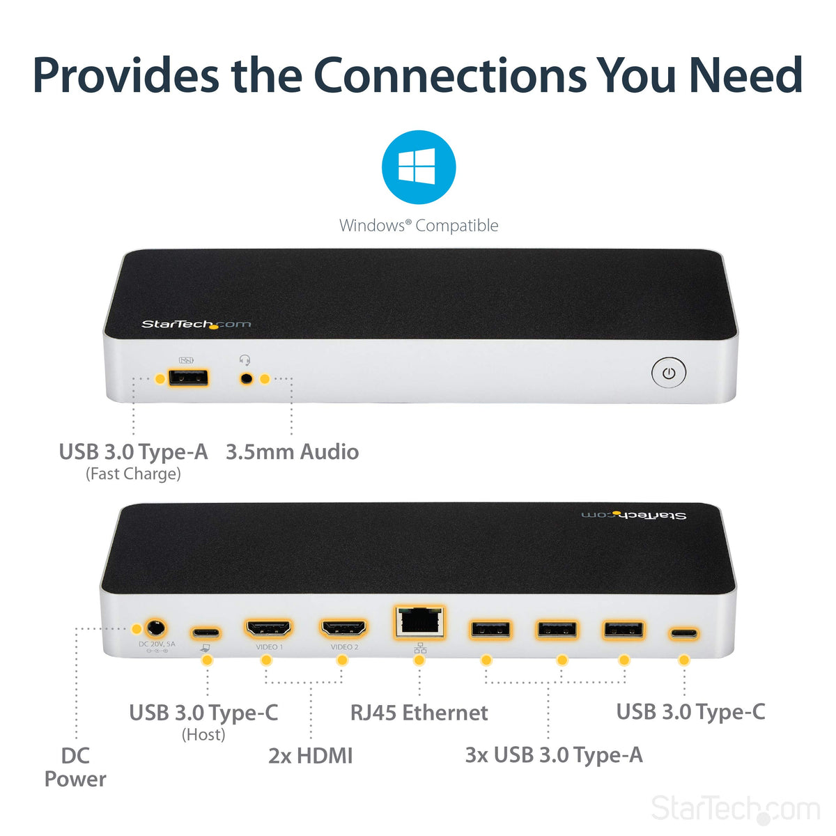 STARTECH Dual Monitor USB C Dock, For Windows Laptops, 4K MST, with 60W Power Delivery (USB PD), Laptop Docking Station