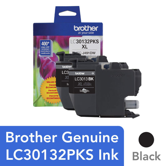 Brother Genuine LC30132PKS 2-Pack High Yield Black Ink Cartridges, Page Yield Up to 400 Pages/Cartridge, LC3013