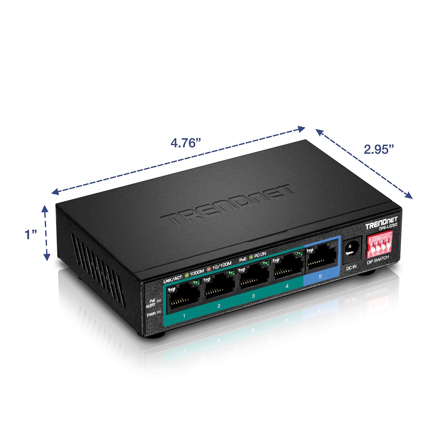 TRENDnet 5-Port Gigabit Long Range PoE+ Switch, TPE-LG50, 4 x PoE+ Ports, 1 x Gigabit Port, Camera DIP Switch extends PoE+ 200m (656 ft.), Lifetime Protection