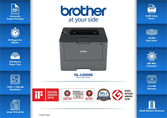 Open box Brother HL-L5000D Monochrome Business Laser Printer with Duplex Printing