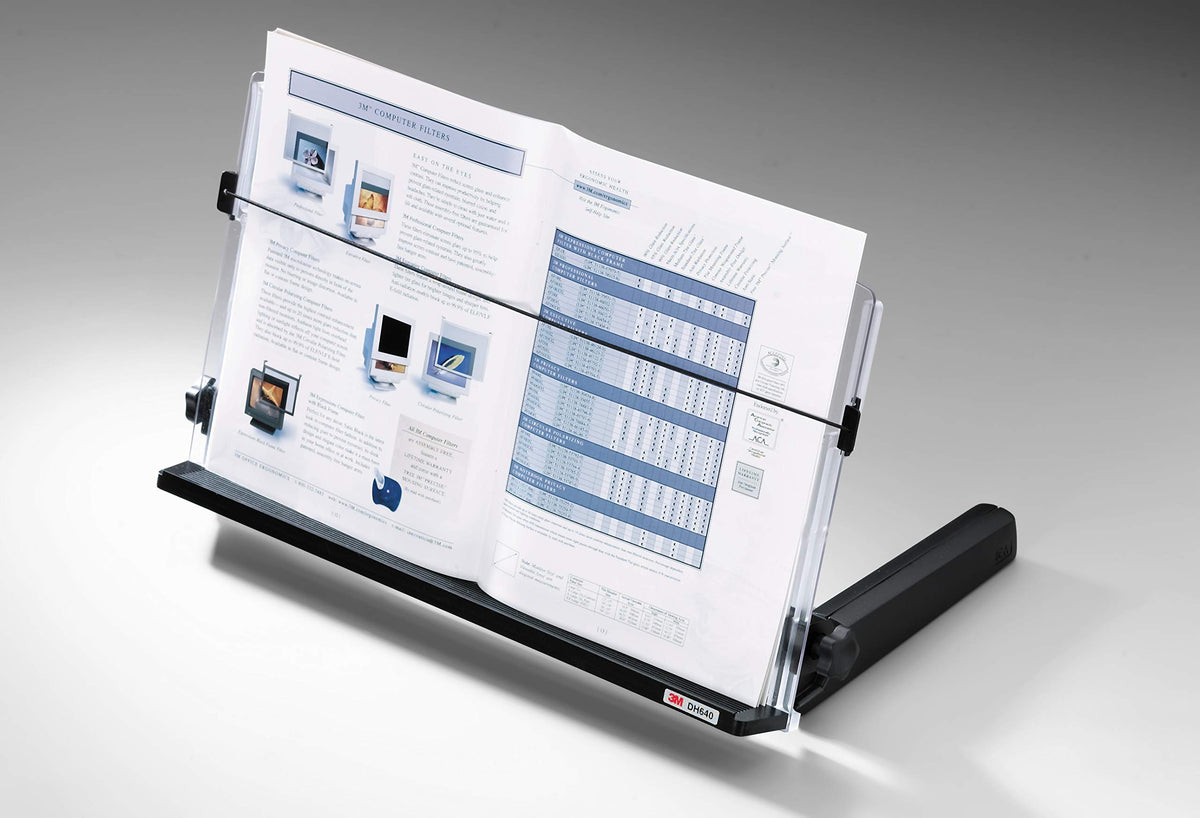 3M Adjustable Document Copy Holder, In-line with Monitor Minimizing Head and Neck Movement, 300 Sheet Capacity Holds Sheets to Books, Elastic Line Guide Keeps Pages Open, 18" Wide, Black (DH640)