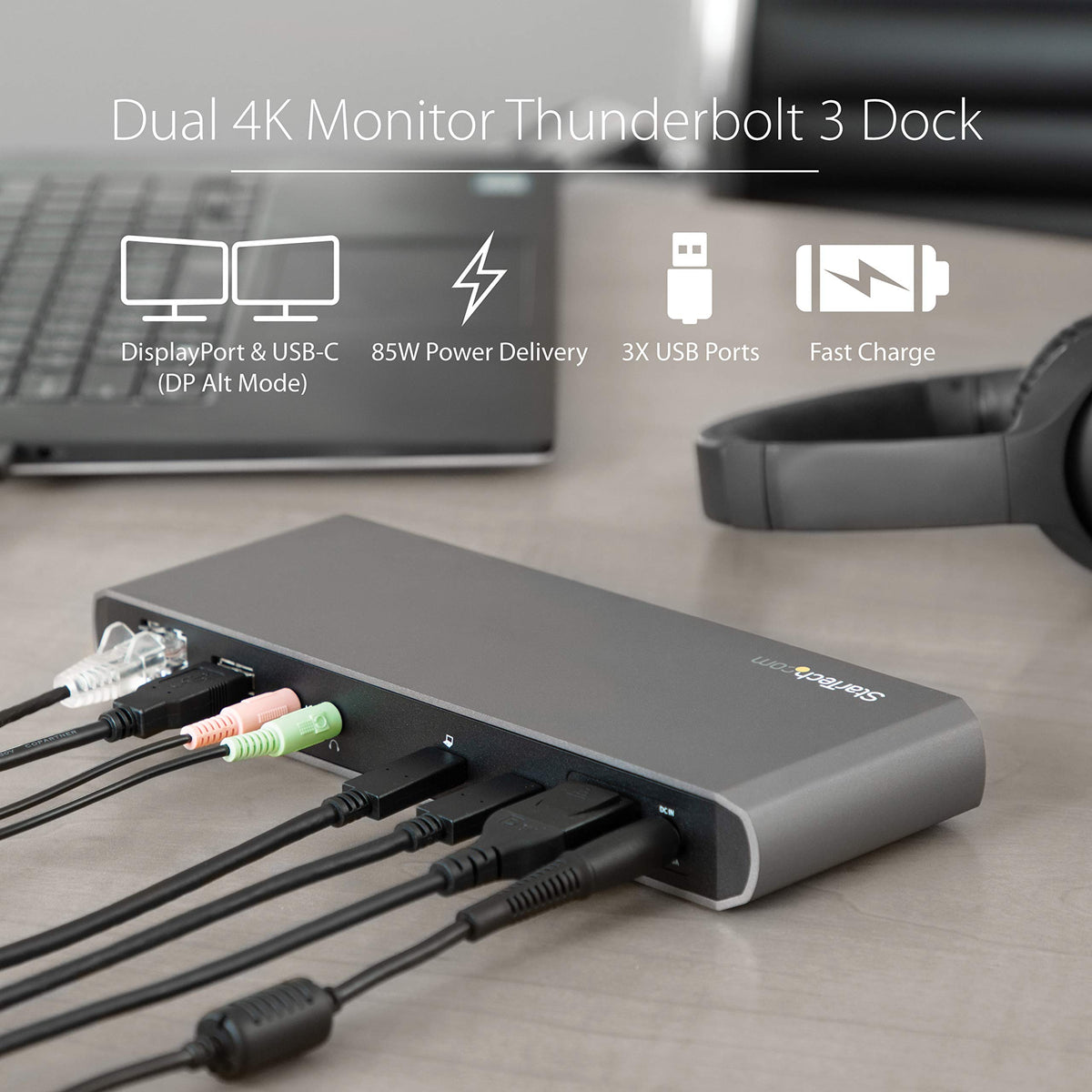 StarTech.com Dual 4K Monitor Thunderbolt 3 Dock with DisplayPort - 85 W Power Delivery + Charging - Mac & Windows (TB3DK2DPPD)