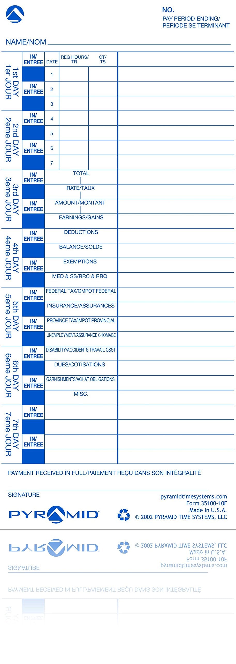 Pyramid English/French  Genuine Time Cards for 3500, 3550SS, 3600SS and 3700 Clocks, 35100-10F (Pack of 100)