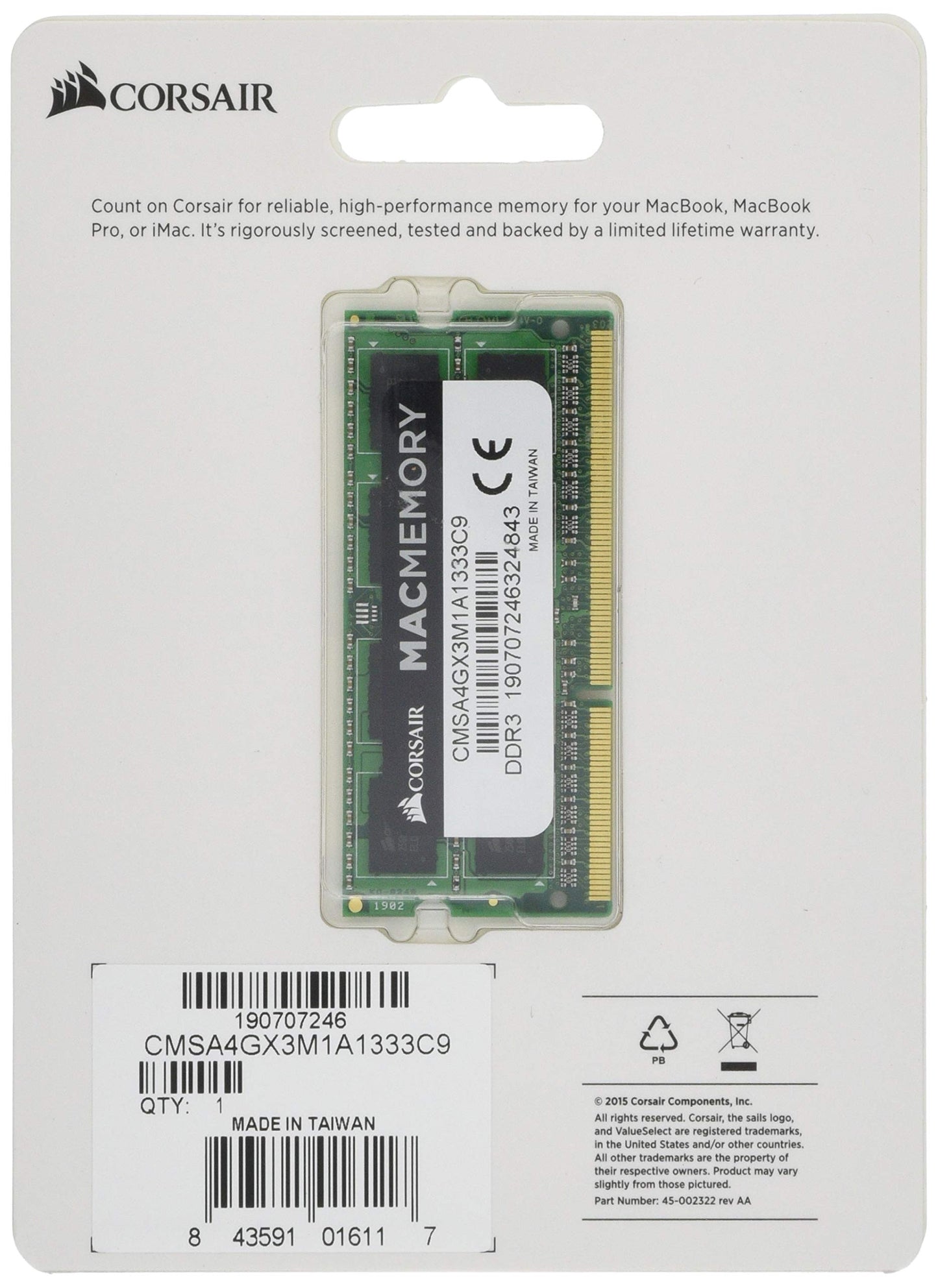 Corsair Apple Certified 4GB (1x4GB) DDR3 1333 MHz PC3 10666 Laptop Memory (CMSA4GX3M1A1333C9)
