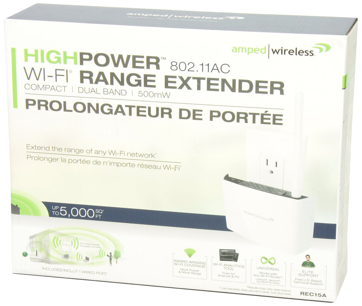 AMPED WIRELESS REC15A-CA High Power Compact AC 2.4GHz Wifi Extender 802.11 a/b/g/n/ac