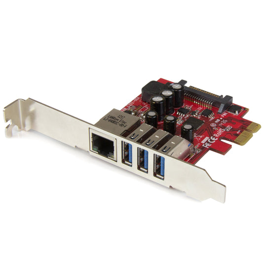STARTECH 3 Port PCI Express USB 3.0 Card Plus Gigabit Ethernet, Fits Standard and Low-Profile PCs UASP Supported, Optional SATA Power PEXUSB3S3GE