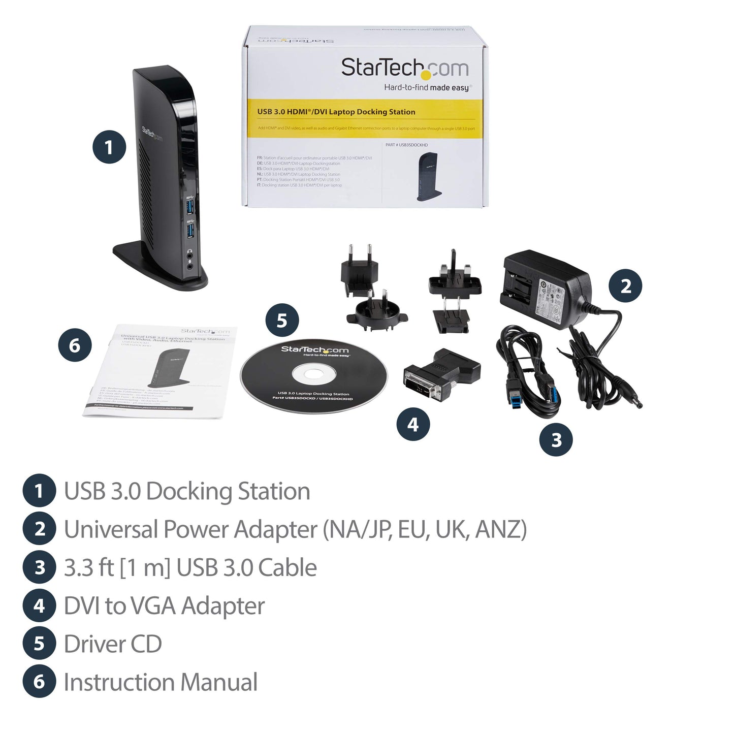 StarTech.com Dual Monitor USB 3.0 Laptop Docking Station with HDMI/DVI/VGA & 6xUSB Ports - Universal USB Dock for Mac & Windows - Black (USB3SDOCKHD)
