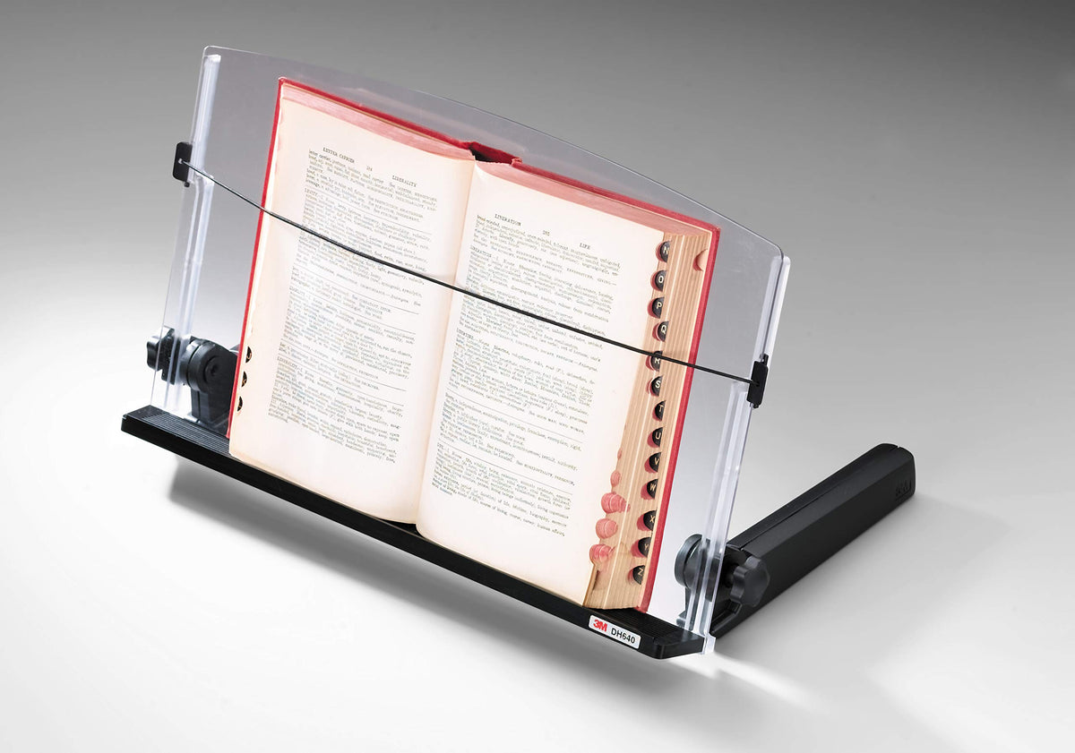 3M Adjustable Document Copy Holder, In-line with Monitor Minimizing Head and Neck Movement, 300 Sheet Capacity Holds Sheets to Books, Elastic Line Guide Keeps Pages Open, 18" Wide, Black (DH640)