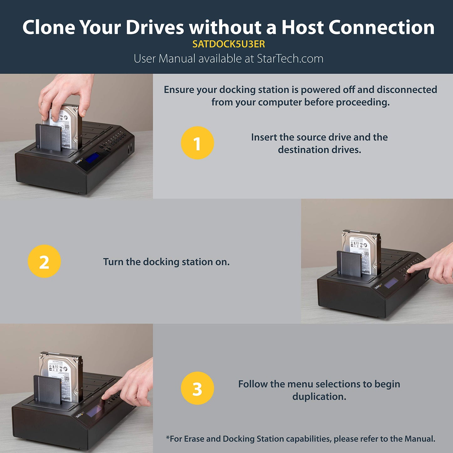 StarTech.com 6 Bay USB 3.0/ eSATA Duplicator and Eraser Dock for 2.5" & 3.5" SATA SSD HDD - 1:5 Standalone Cloner & Wiper Docking Station (SATDOCK5U3ER)