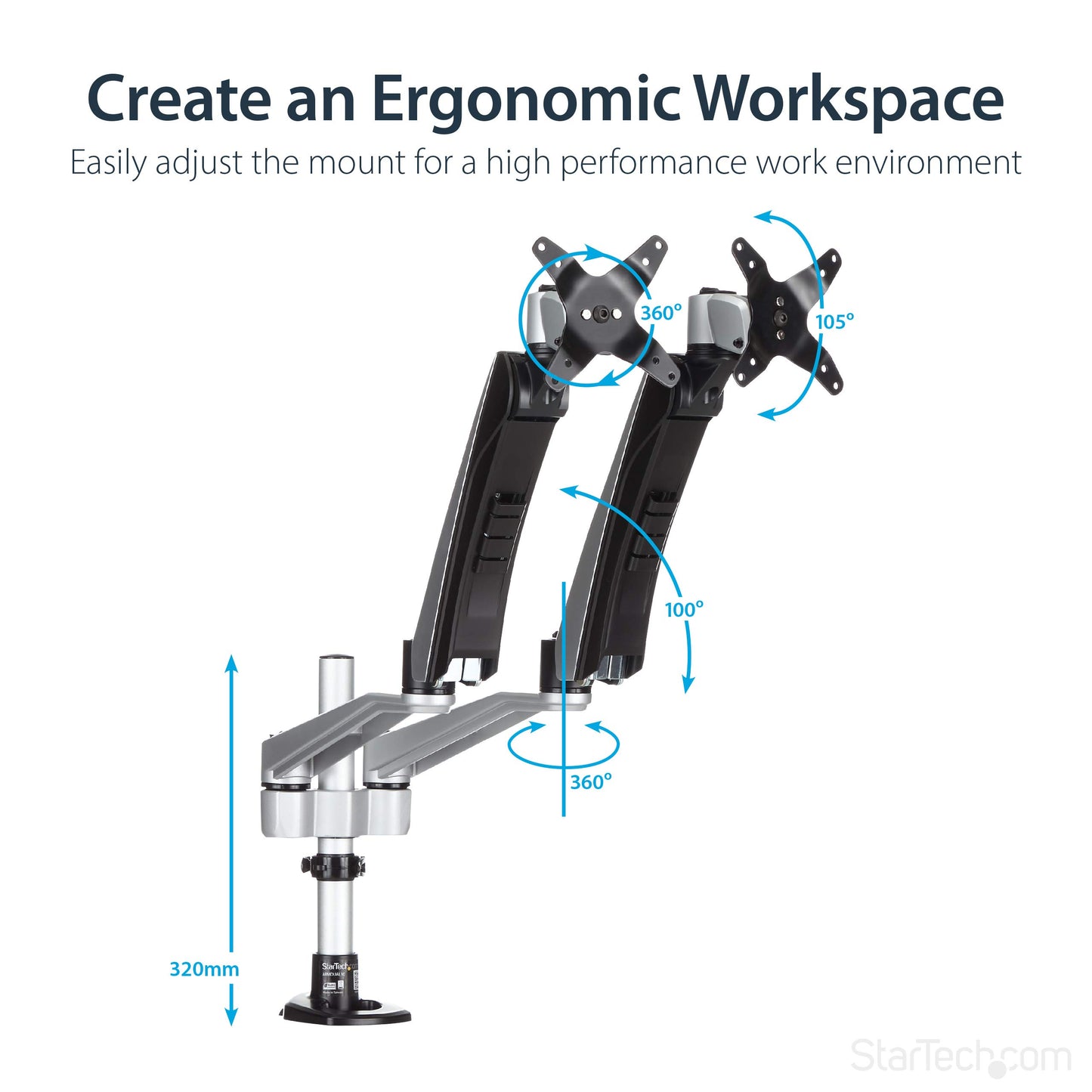 StarTech.com Desk Mount Dual Monitor Arm - Articulating - Supports VESA Monitors 12'' to 30'' - Adjustable - Grommet / Desk Mount - Premium - Silver (ARMDUAL30)