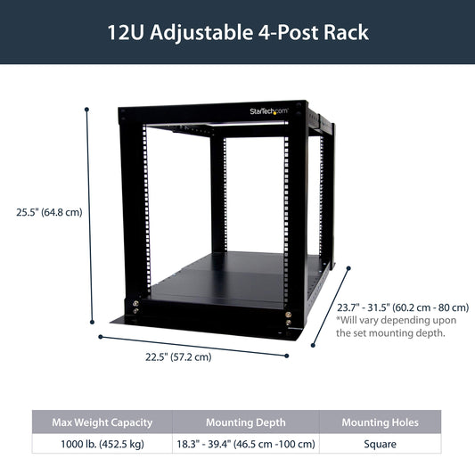StarTech.com 12U Adjustable 4 Post Server Equipment Open Frame Rack Cabinet (4POSTRACK12)