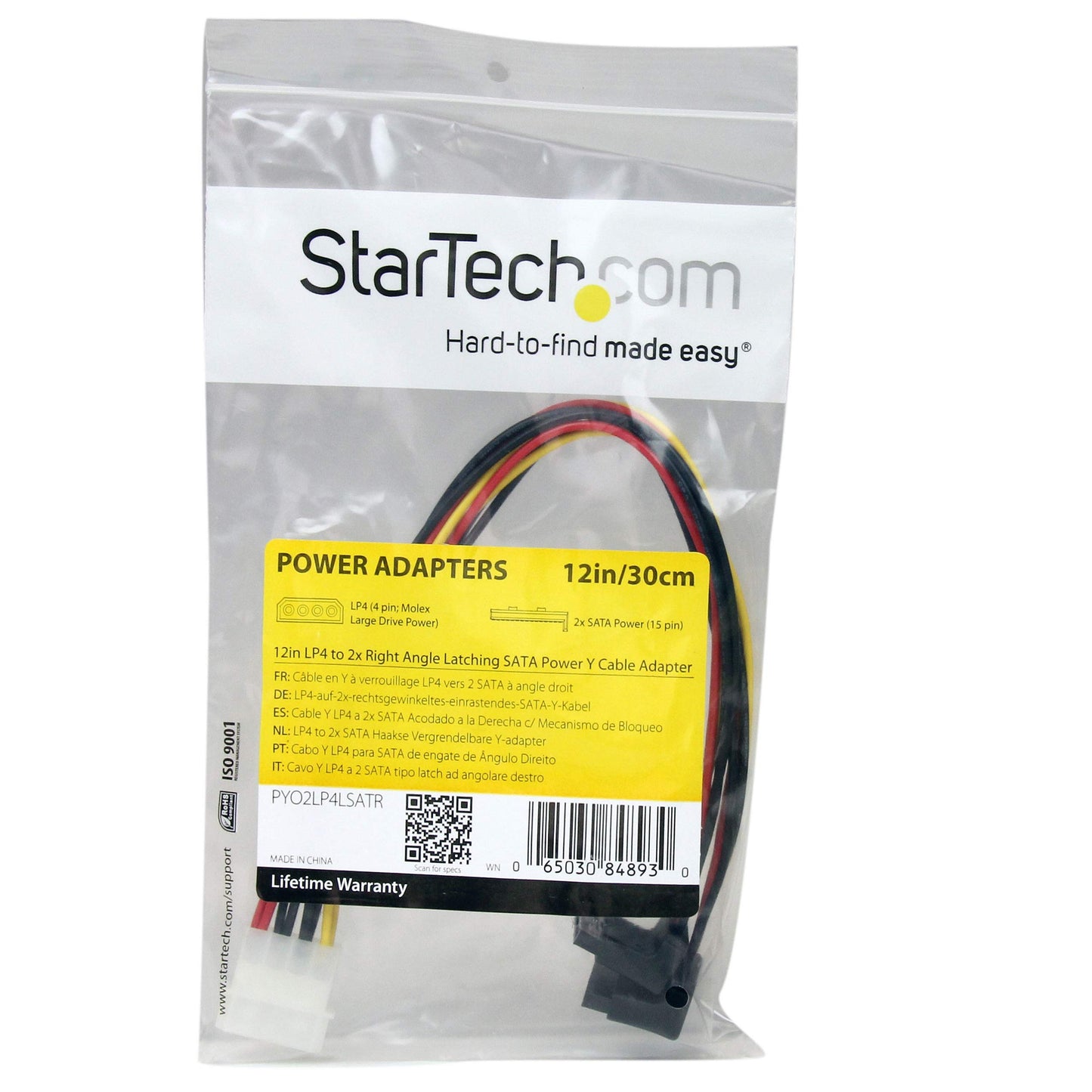 StarTech.com 12in LP4 to 2x Right Angle Latching SATA Power Y Cable Splitter - 4 Pin LP4 to Dual 90 Degree Latching SATA Y Splitter (PYO2LP4LSATR)