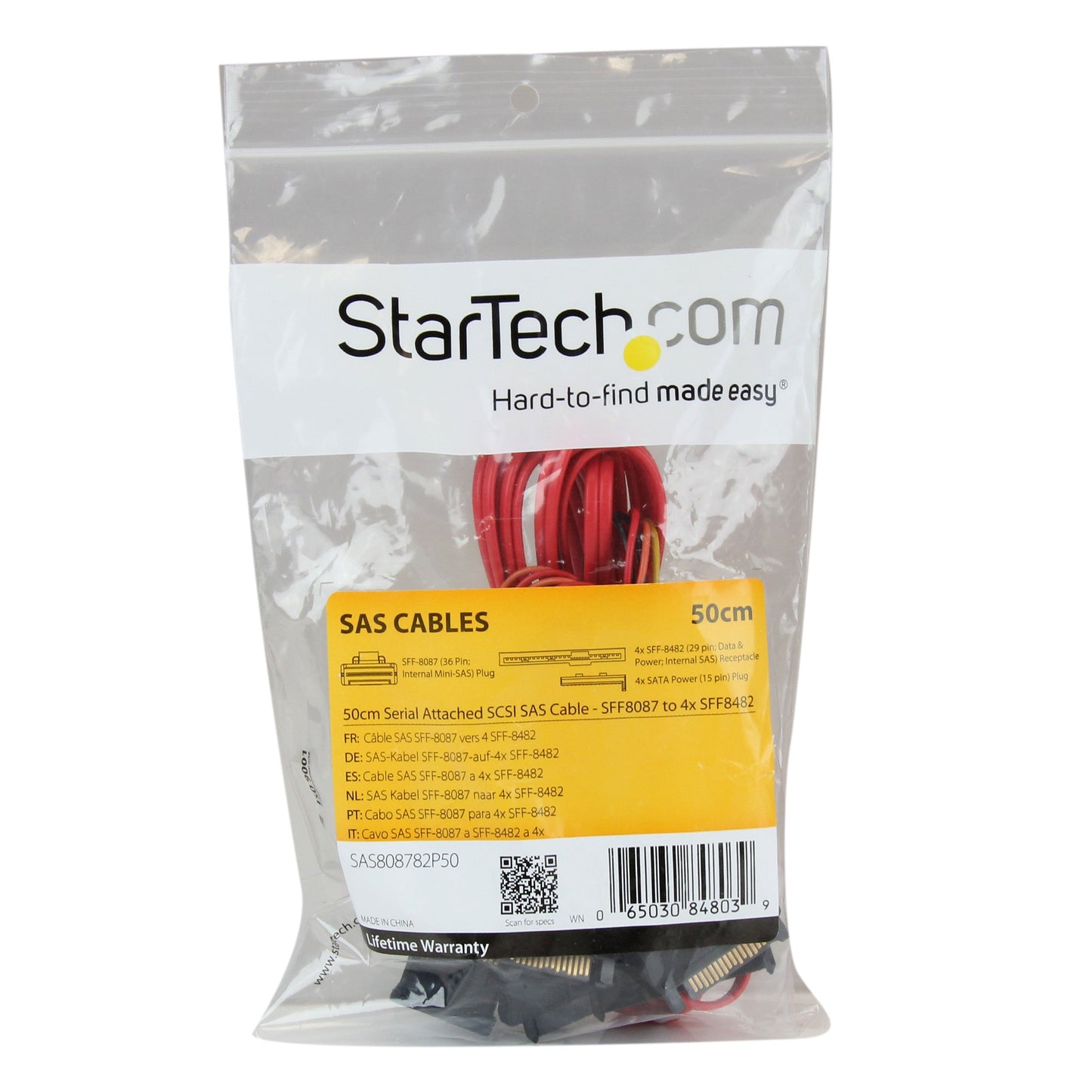 StarTech.com SAS808782P50 50cm Internal Serial Attached SCSI Mini SAS Cable, SFF8087 to 4X SFF8482, Internal Mini SAS Cable (Red)