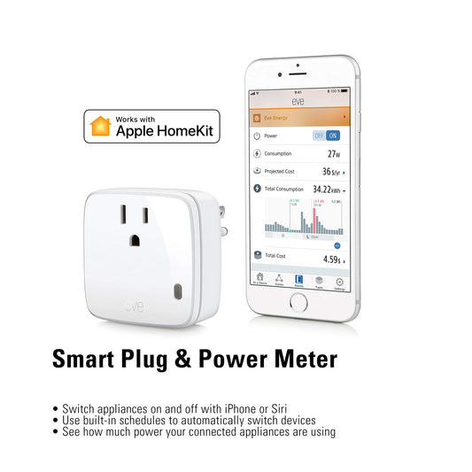 Eve Energy - Smart Plug & Power Meter with built-in schedules, switch a connected lamp or device on & off, voice control, no bridge necessary, Bluetooth Low Energy (Apple HomeKit)